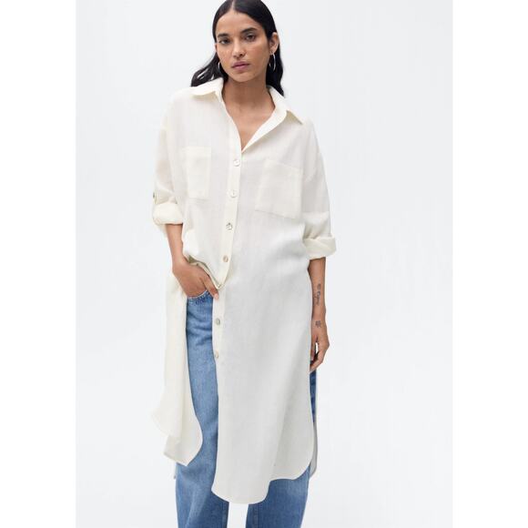 MNG Mango Longline Linen Button-Up Shirt, large - Picture 1 of 9